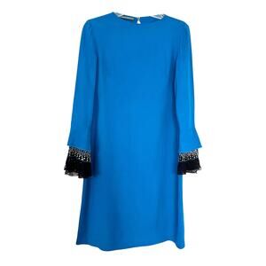 Alberta Ferretti Turquoise Crepe Lace Bell Cuff Long Sleeve Shift Dress Size 6